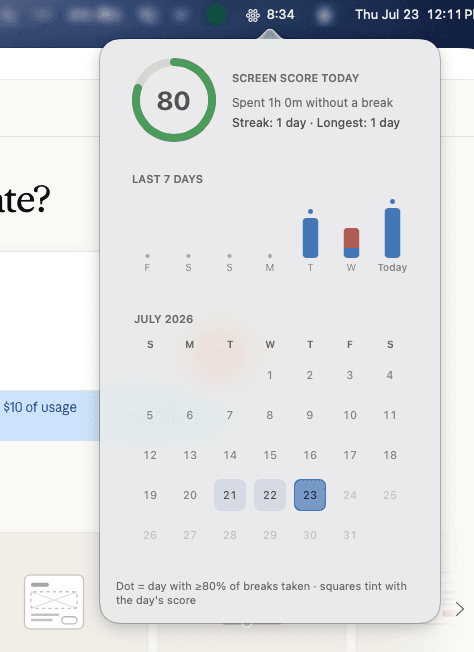 The Mandala stats popover: screen score 80, a seven-day bar chart and a July 2026 calendar.
